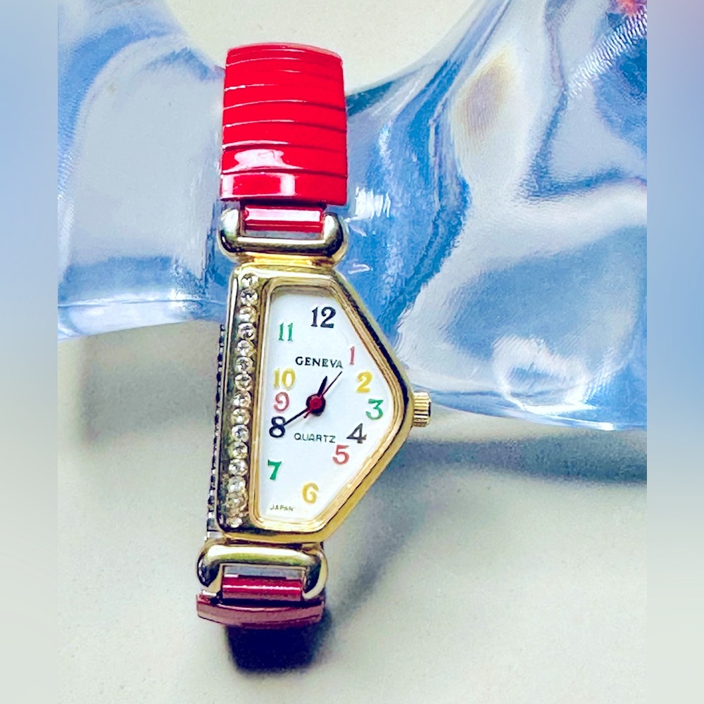 Geneva Gold And Red Watch With Crystals